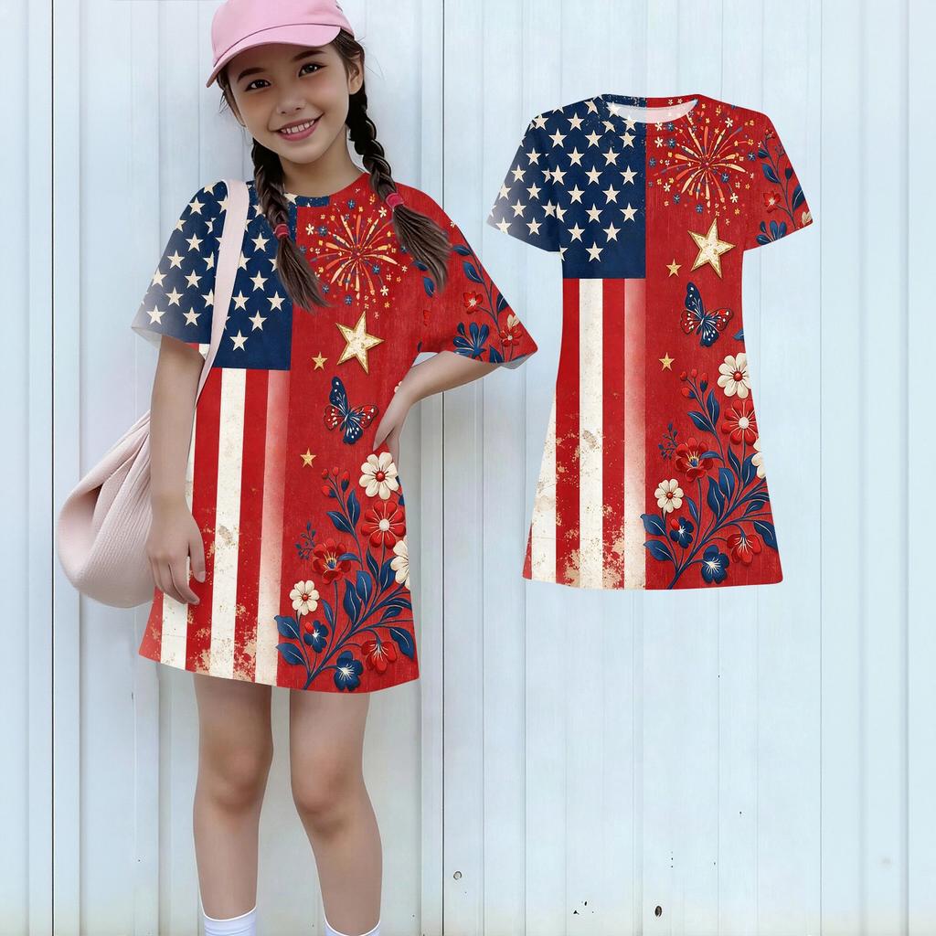 Girls Independence Day Print Casual Dress Kids Loose Round Neck Short Sleeve Thin Sundress