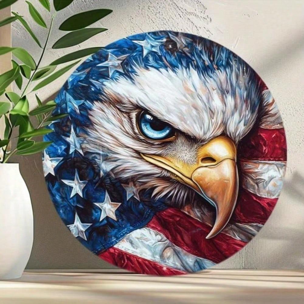 American Flag Eagle Round Tin Sign 8x8 Inch Wall Art Office Home Fall Halloween Christmas Decor Gift