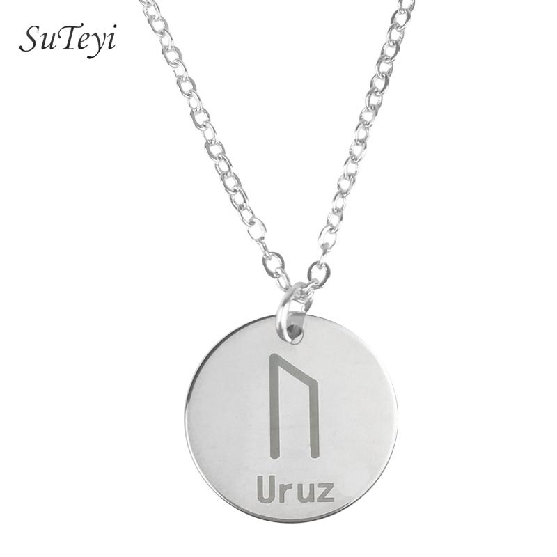 Round 25 Rune Letter Pendant Necklace Silver Color Stainless Steel Disc Viking Necklaces For Women Men