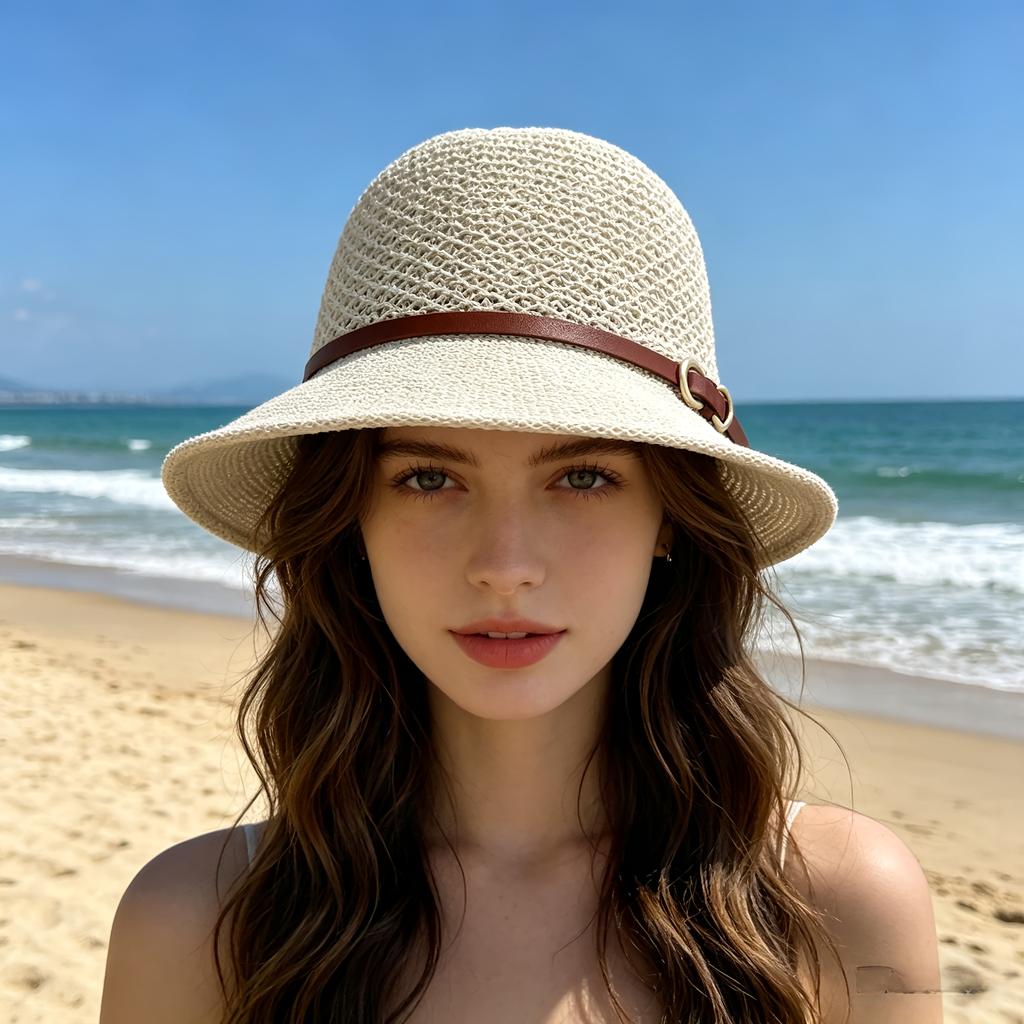 Elegant Women's Beach Straw Hat with Belt Embellishment - Breathable Openwork Sun Hat Summer Travel Vacation Bucket Hat