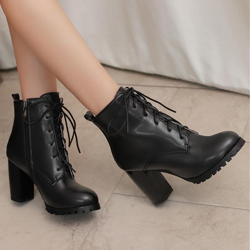 White Silver Women's Ankle Boots Autumn Winter Short Boot Shoes Black Lace-up Block High Heels Party Footwear Large Size 45 50