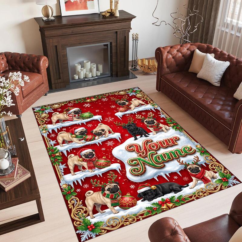Pug Theme Crystal Velvet Floor Rug Personalized Custom Name Text Warm Carpet Home Decoration