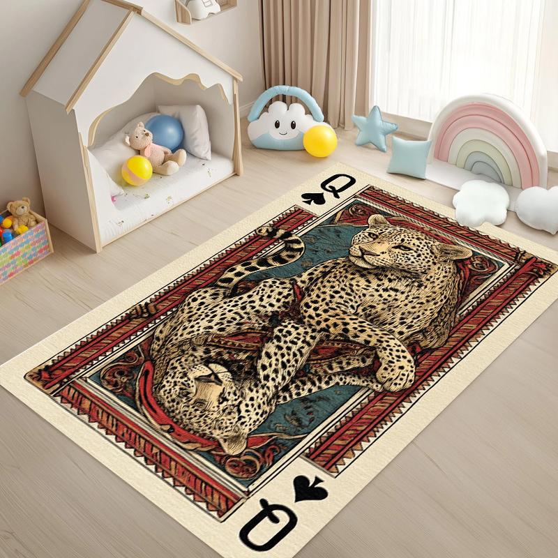 Red Background Playing Card Leopard Rug Carpet Mat Non-Slip for Living Room Bedroom Retro Home Decor