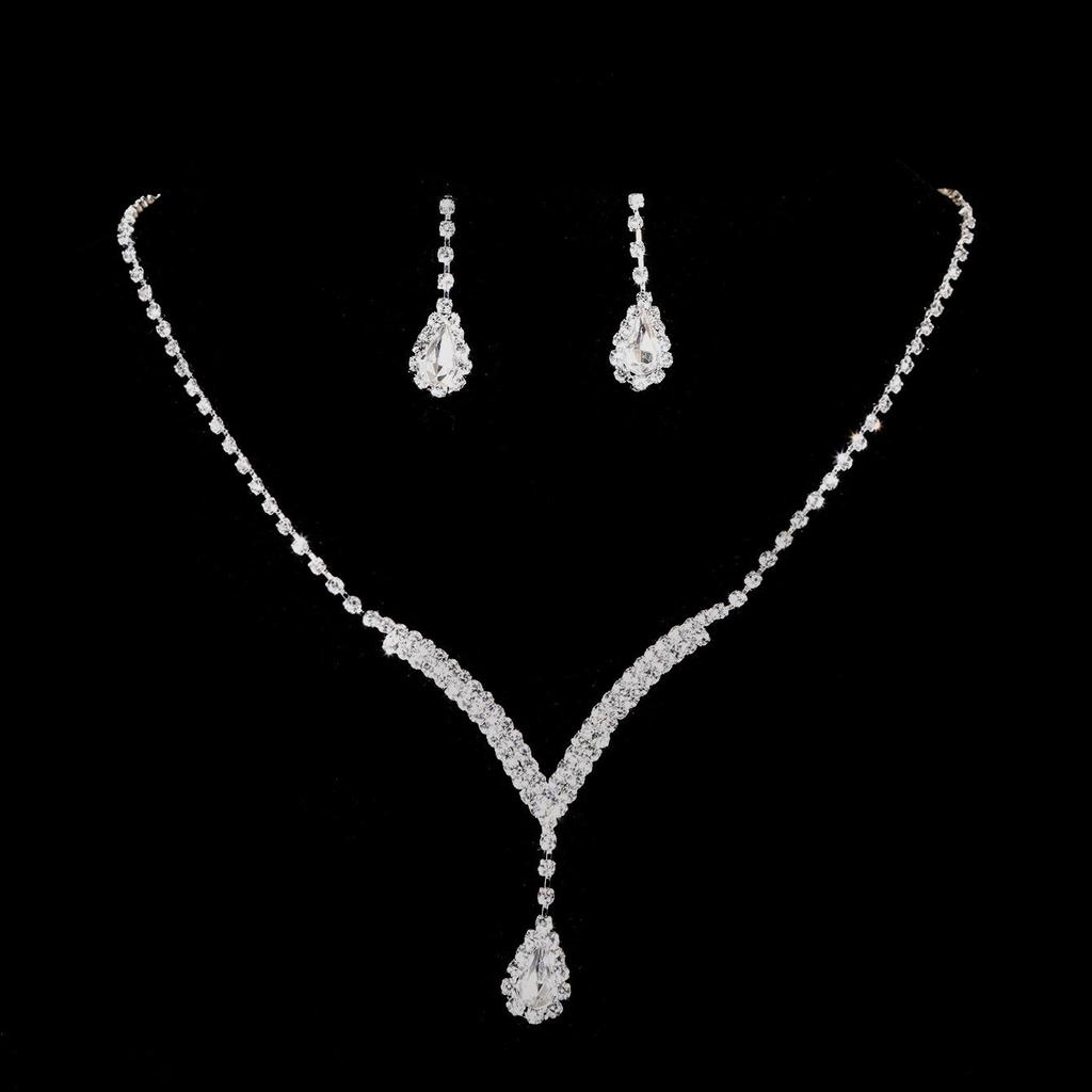 Bridal Jewelry Set: European & American Style Diamond V-Neck Teardrop Pendant Necklace & Stud Earrings N5471