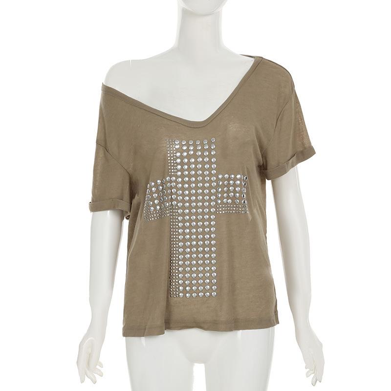 

Европейская и американская летняя футболка с V-образным вырезом, открытыми плечами, повседневная, свободного кроя S хаки