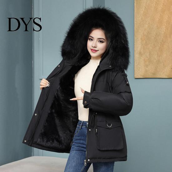 Warm Cotton Jacket Women Winter Coat Thick Plush Furry Hooded Long Sleeves Pockets Lightweight Puffer Drawstring Waist Zip-up Windproof Mid