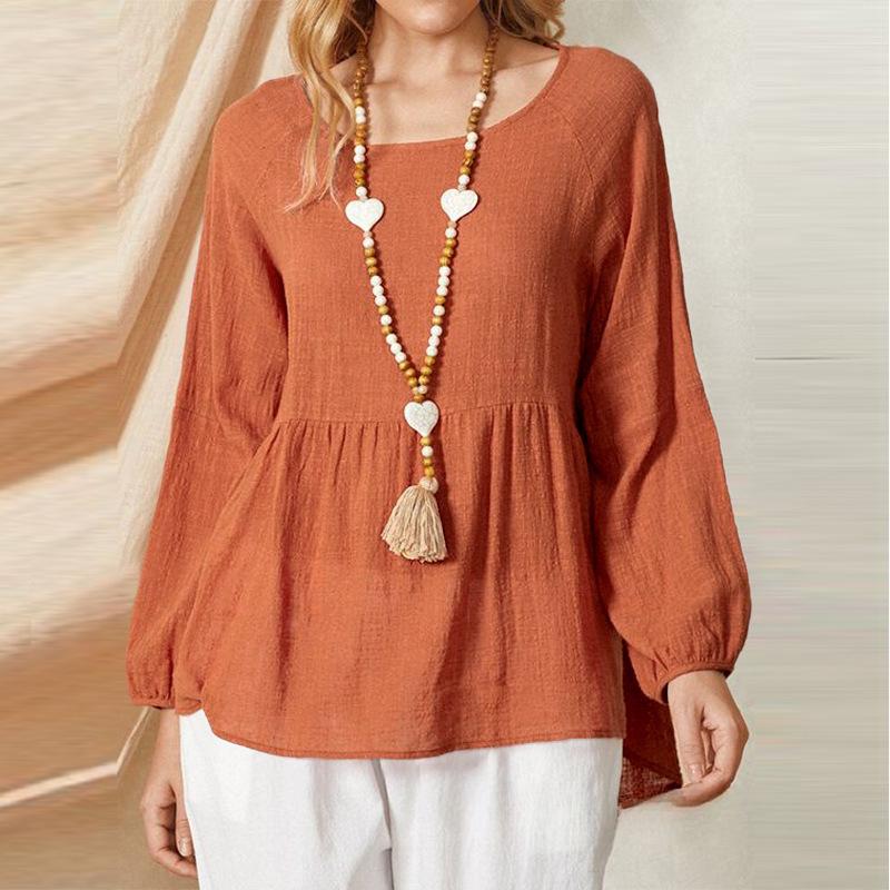 New Summer Women's Doll Shirt Loose Top Lantern Sleeves Imitation Cotton and Linen Shirt