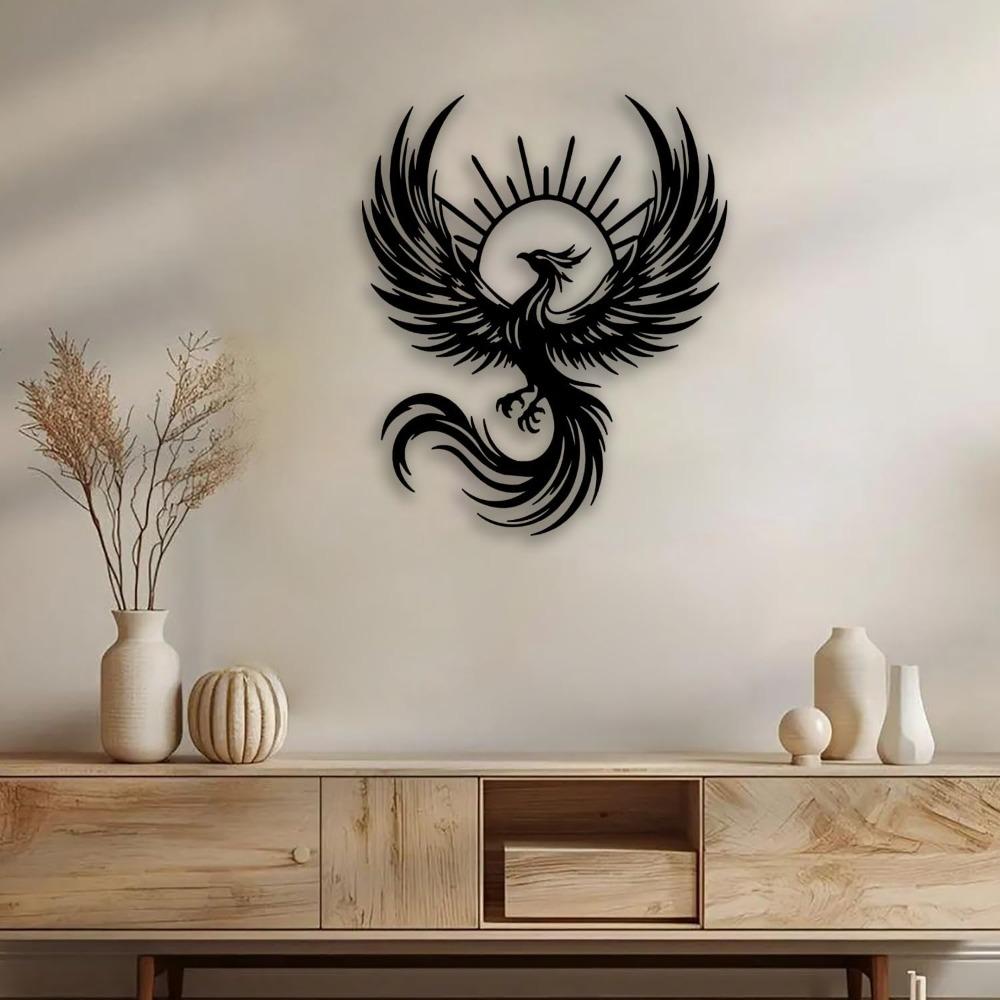 Sun Metal Wall Art Mythical Bird Decor for Living Room Bedroom Dining Bathroom Office Outdoor Black