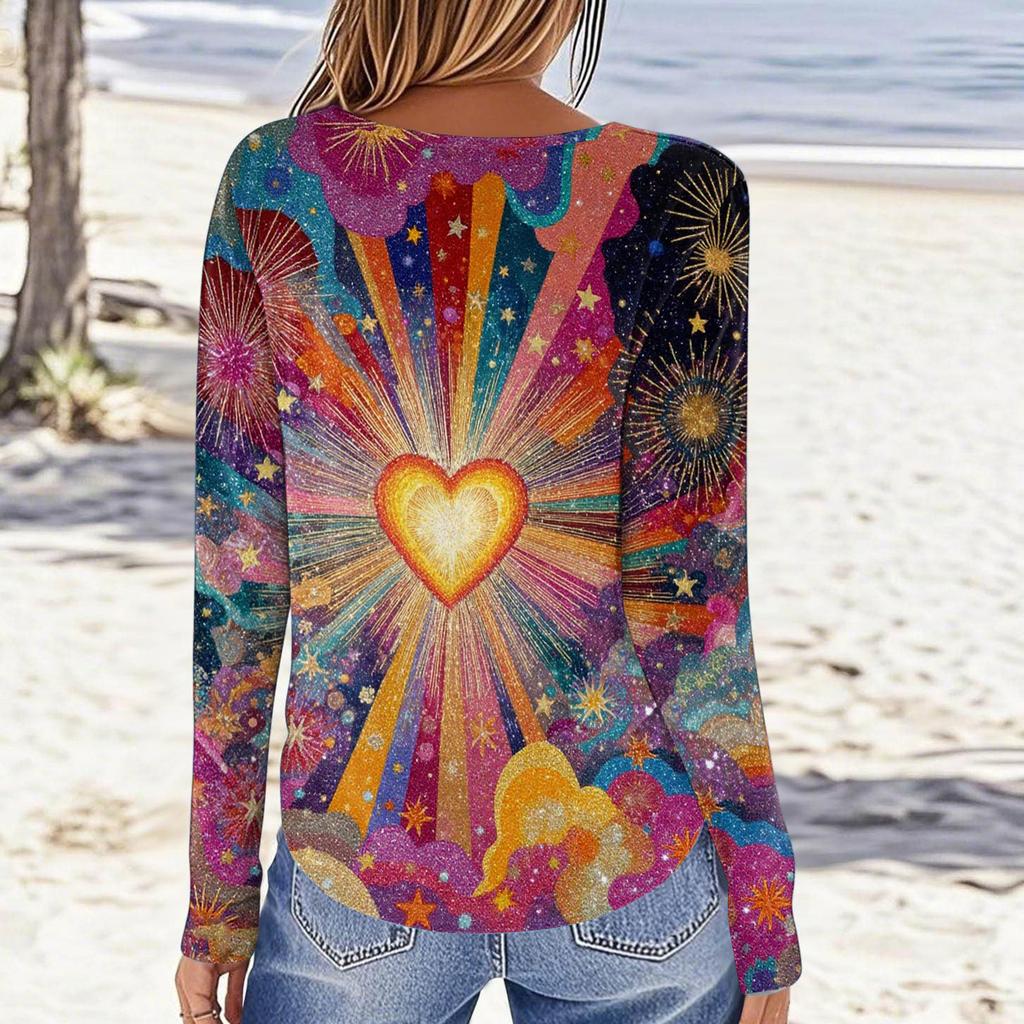 Damski casualowy top z długim rękawem, z nadrukiem walentynkowym, z okrągłym dekoltem