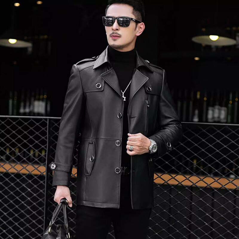 KAISER Men's Mid-Length Cowhide Leather Trench Coat