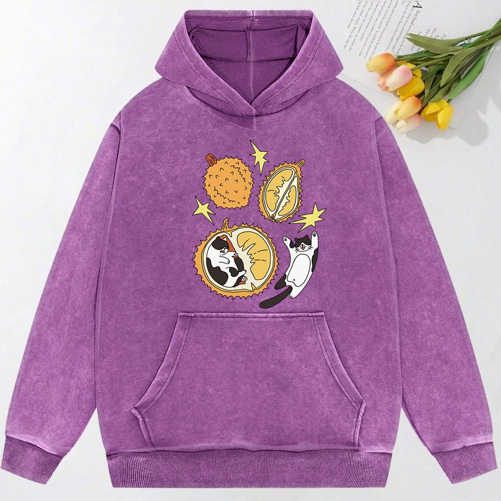 Cartoon Cat Nested In Durian Illustration Print Women Washed Hoodie Fashion Clothing Autumn Cotton Hoodies Hoody