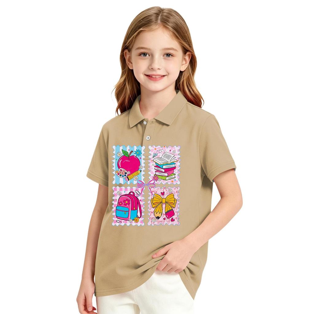 Girls School Uniform Short Sleeve T-Shirt Print Casual Top for Back To School