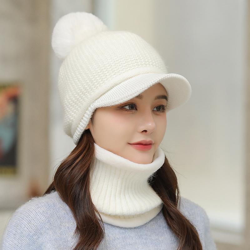 Set di cappelli caldi per autunno inverno da donna, cappello a becco d'anatra lavorato a maglia, pelliccia di coniglio, cappello spesso da donna, sciarpa, protezione per le orecchie, set di due pezzi, cappelli e berretti (Da donna)
