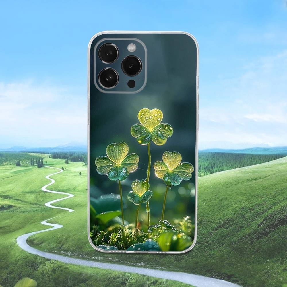 Four Leaf Clover Plant Phone Case For iPhone 16,15,14,13,12,11 Pro,Max,Plus,X,XS,XR,SE,Mini Transparent Silicone Soft