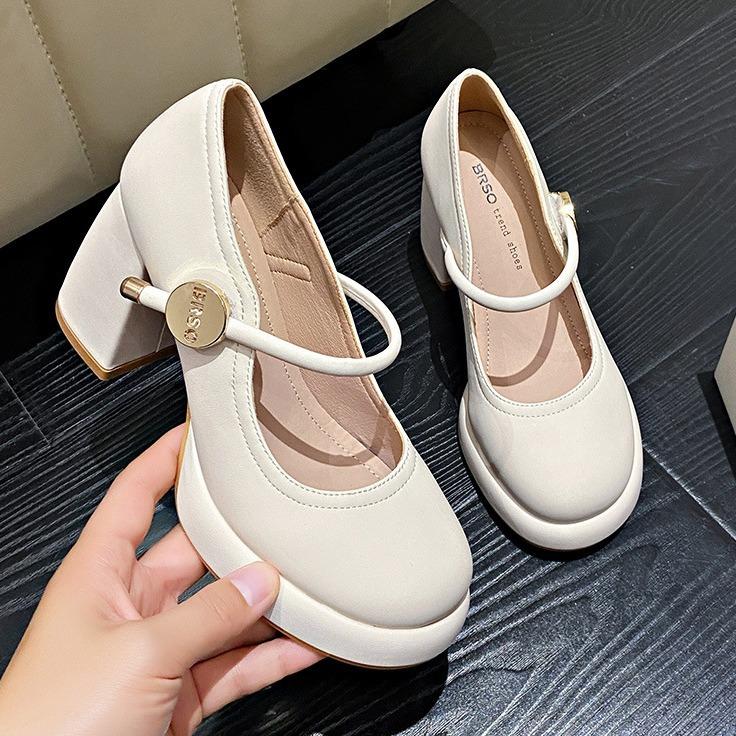 White high heels women's 2025 new spring temperament French single shoes versatile thick heel small leather shoes Mary Jane women's shoes