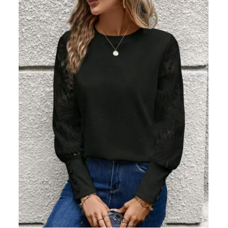 Women's Solid-Color Long-Sleeve Embroidered Lace-Panel Round-Neck Top Comfortable Spring/Fall Casual Everyday Wear