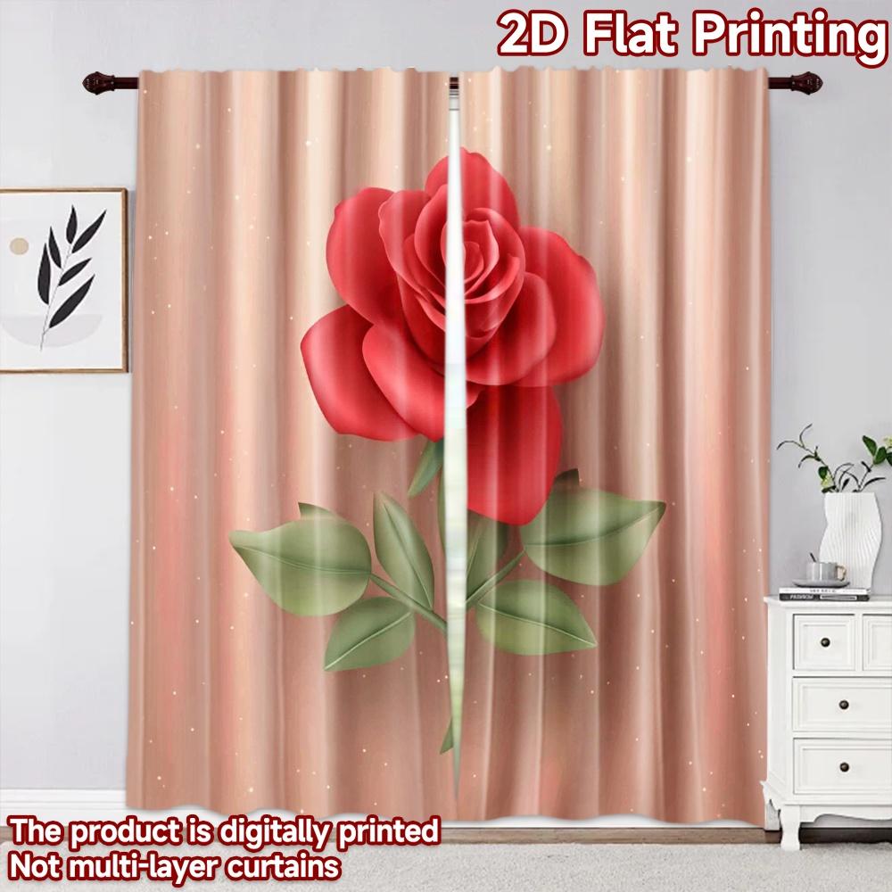 2D flat printing 2pcs Curtain Party Curtains Valentine's Red Rose Digital Printed Polyester Drapes Family Party Decoration Use