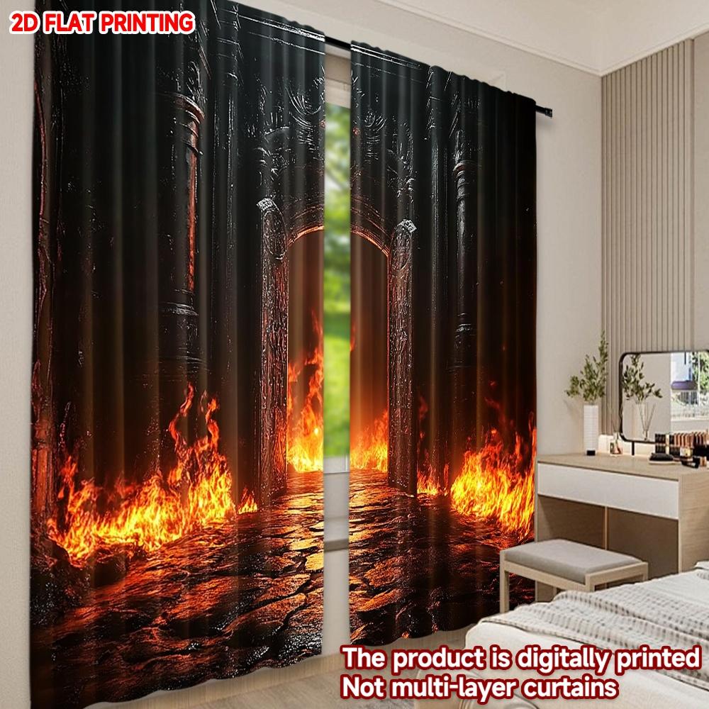 Set Of 2 Modern Realistic Flame Curtains Digital Printing Dramatic Fire Road Scene Black Background Living Room Wall Decor Curtain For Great Made