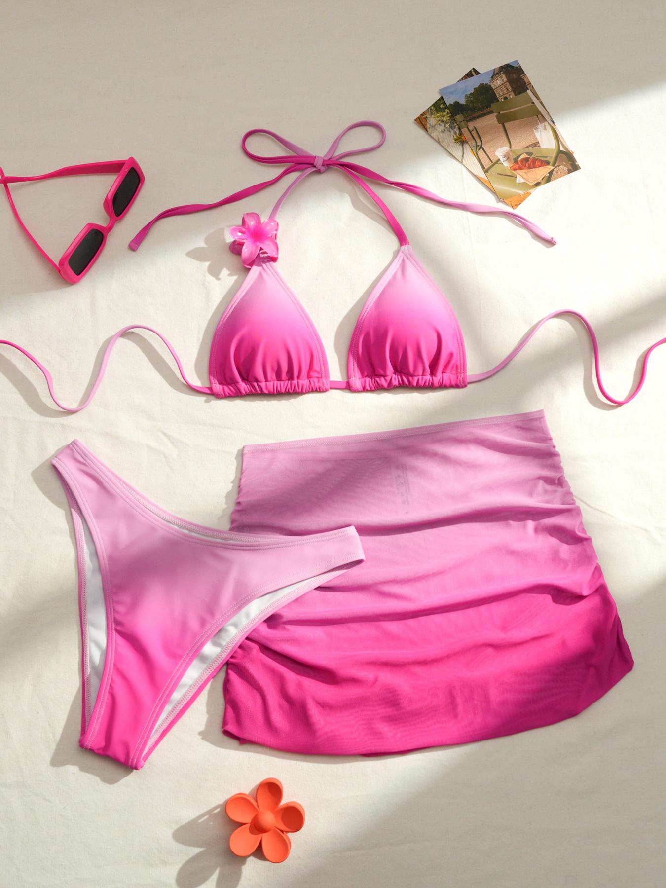 

European And American Apron Three-Piece Bikini Gradual Change Color Ribbon Hairpin Swimsuit Women S Swimsuit S