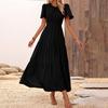 Women's Casual Round Neck Solid Color Layered Ruffled Hem Flowy Dress
