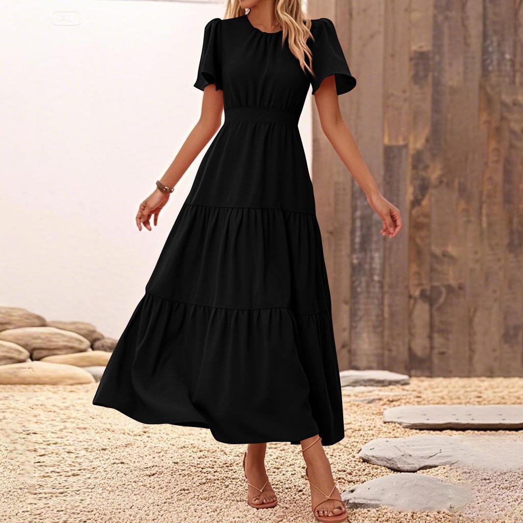 Women's Casual Round Neck Solid Color Layered Ruffled Hem Flowy Dress