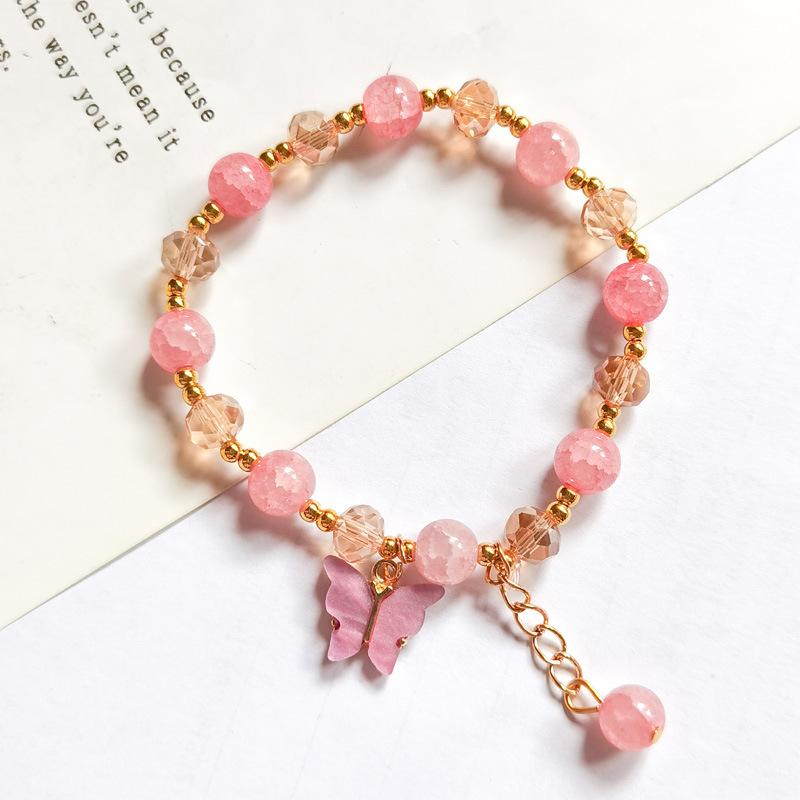 New Sweet Fashion Butterfly Pendant Tassel Imitation Jade Cracked Crystal Elastic Beaded Bracelet for Women Girl Zircon Gifts