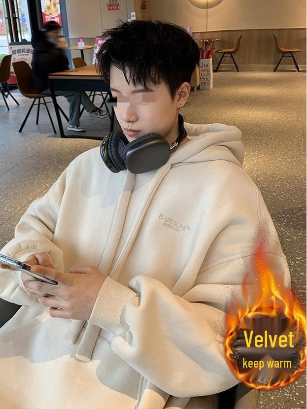 Men's American Retro Vintage Fleece-Lined Hooded Sweatshirt - Spring/Autumn Trendy Loose Fit Hoodie Jacket