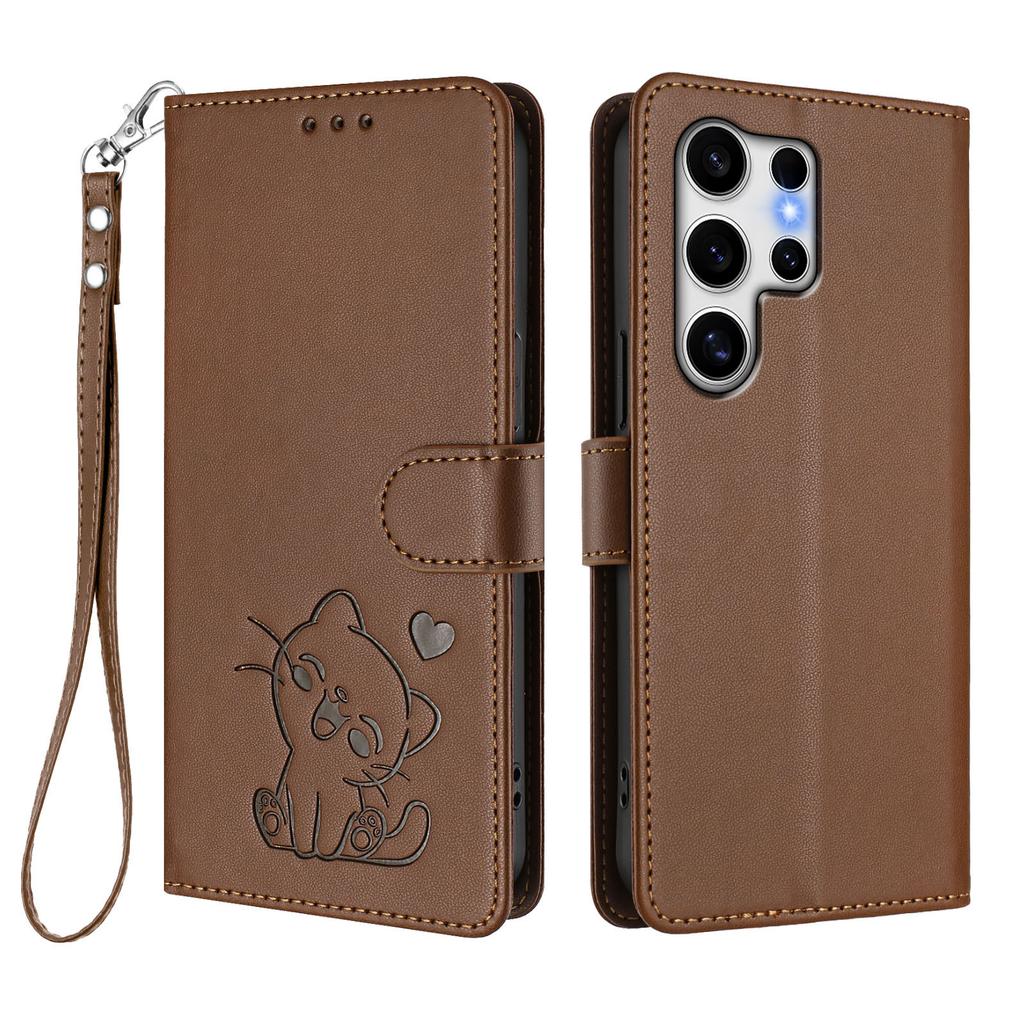 Für Samsung Galaxy S25 Ultra Brieftasche Hülle mit Handschlaufe Love Cat Muster Prägung Leder Handyhülle