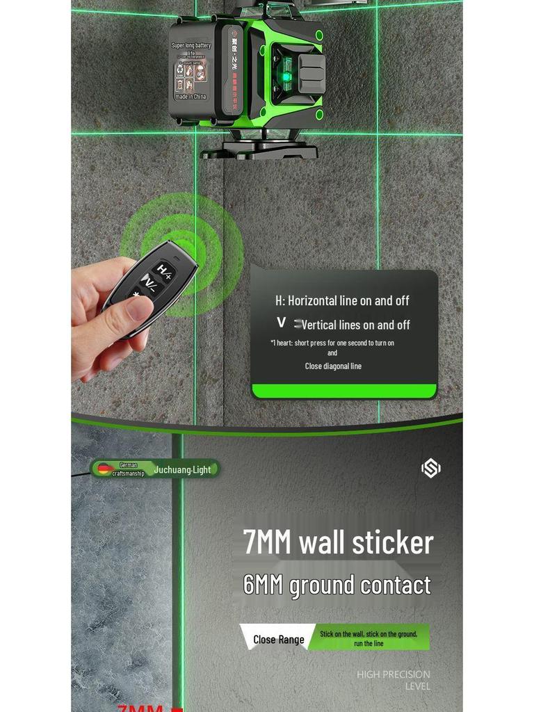 12/16-linjers minilaserpassare med hög precision, grönt ljus och vägg-/golvklistermärken