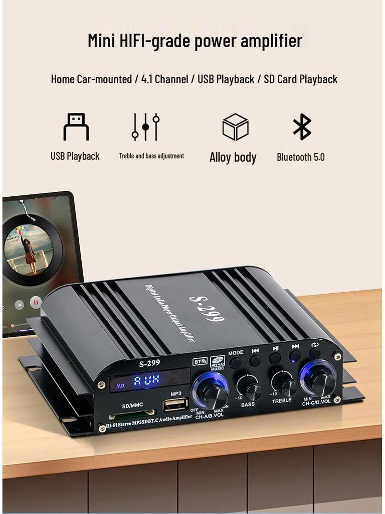 Bluetooth 4.1 Channel Professional Power Amplifier with USB & Card Slot for Home/Car - Super Bass
