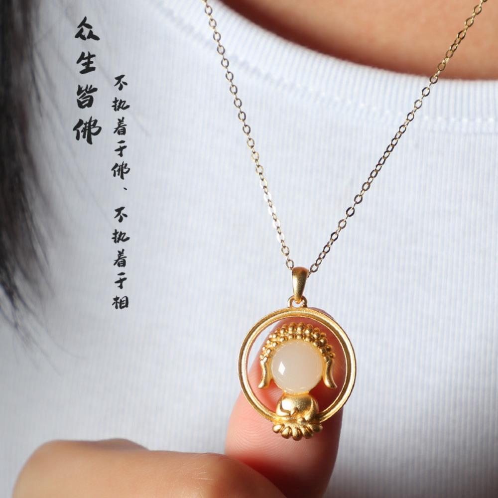 Vietnamese Gold Buddha Necklace with Synthetic Hetian Jade Pendant Ethnic Style Jewelry for Women