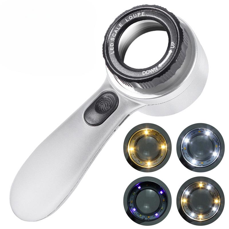 Handheld 30x Magnifying Glass with 4-color LED Light Source, Rechargeable, Suitable for Antique Jewelry Appreciation
