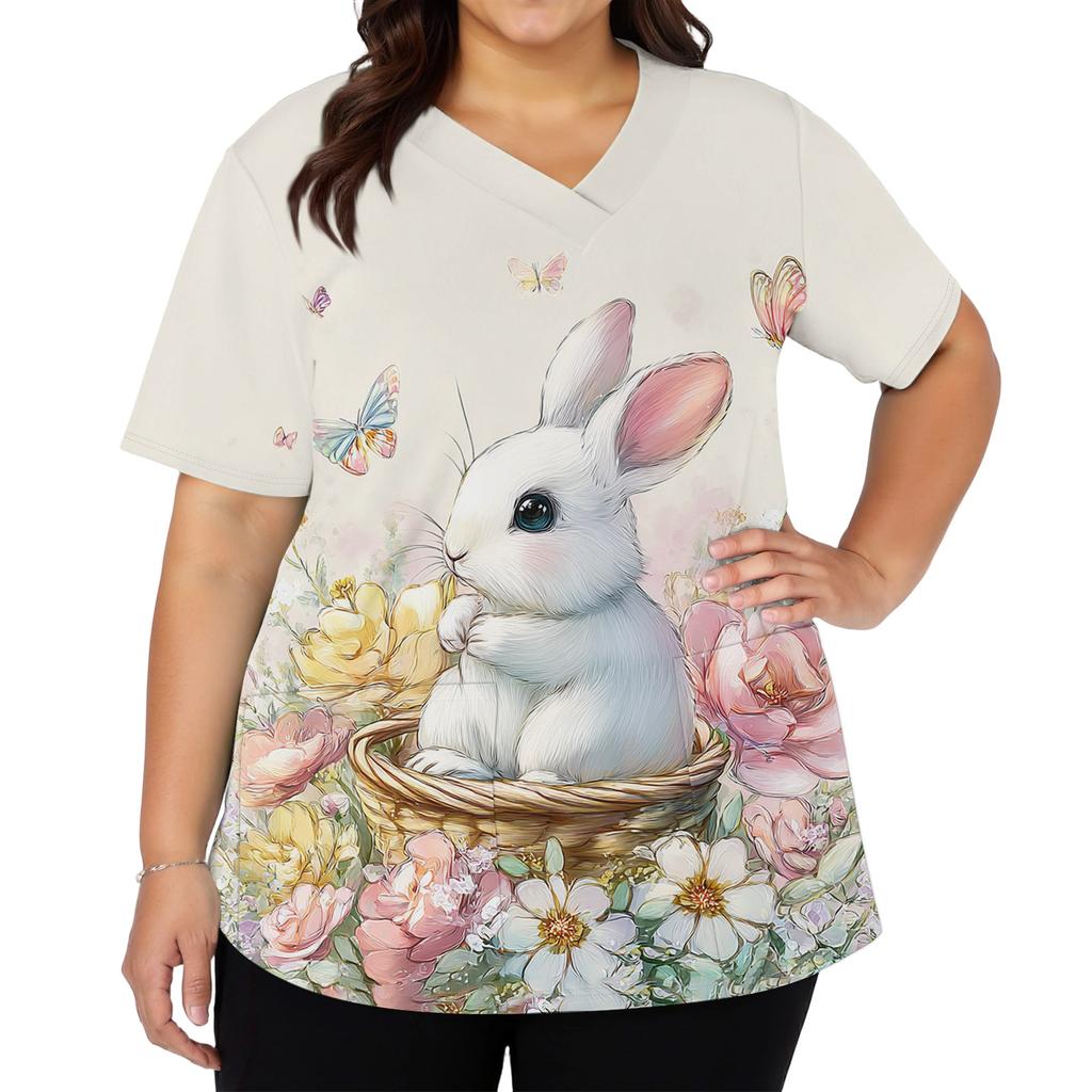 Women's Fashionable V-neck Short-sleeved Work Top With Double Side Slits And Pockets, Featuring Easter Bunny And Egg Prints.