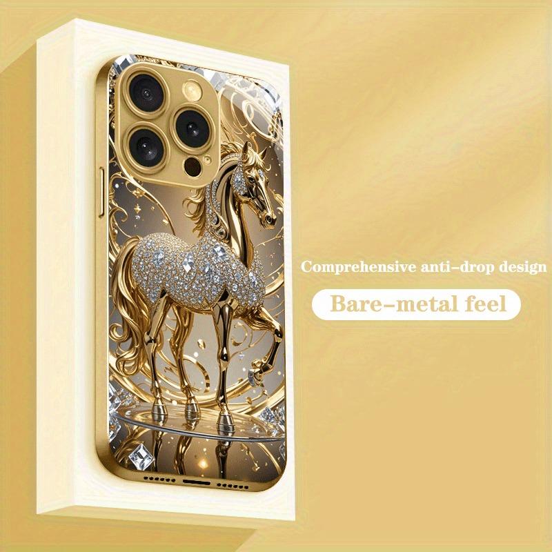 Luxury Diamond Horse Pattern Gold Metallic Paint Glass Phone Case For iPhone 17 16 15 14 13 12 11 Pro Max Plus 17 Air 16E Cover