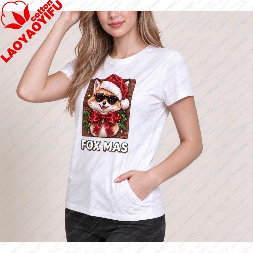 FOX MAS Christmas Fox Print T-Shirt Fashion Summer Short Sleeve Unisex Casual Party Holiday Clothing graphic Tees