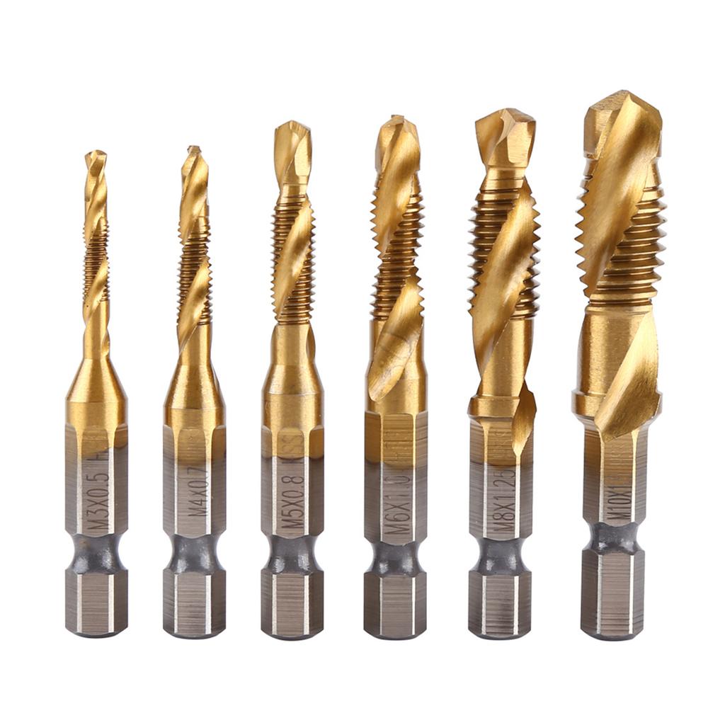6pcs Metric Thread M3 M10 Titanium Coated HSS Drill and Tap Bits 1 4  Hex Shank