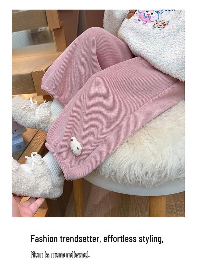 Meng Tang Tang Girls' Plus Velvet Cartoon Pants - Stylish Winter Wear for Kids