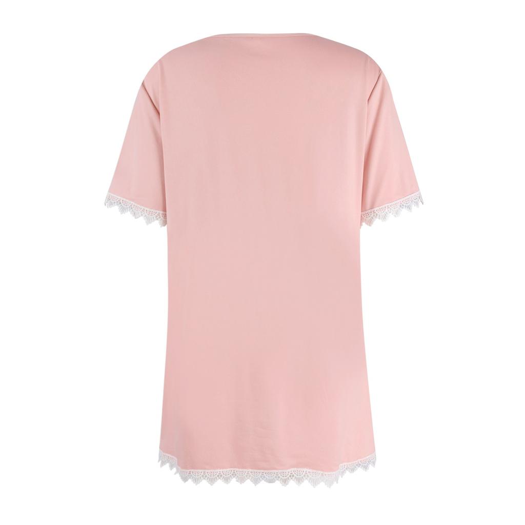 Women's Color Patchwork New Lace Round Neck Short Sleeved Top With A Base