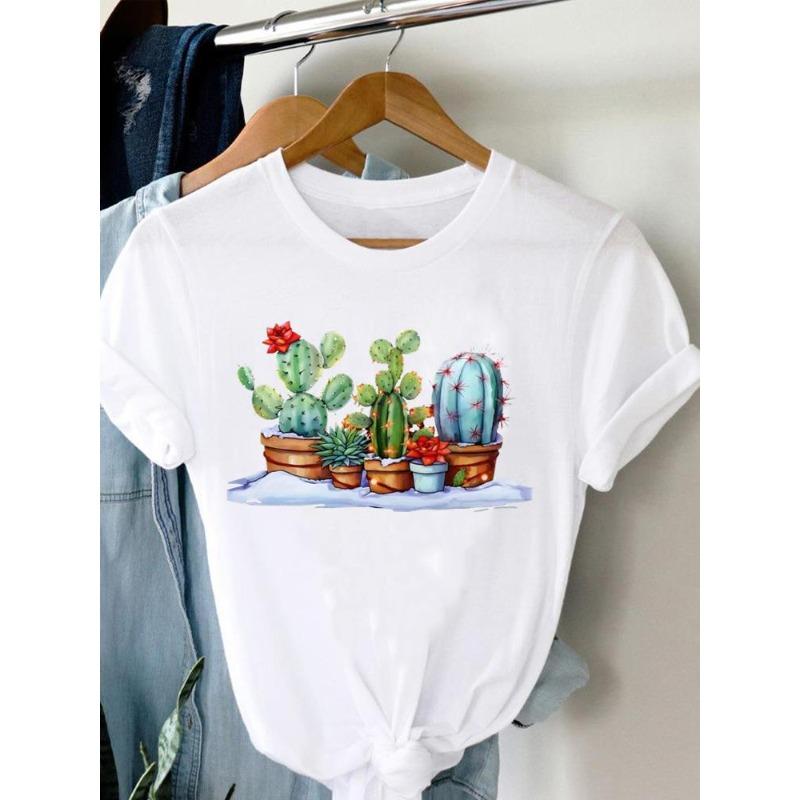 (European Size)90s Women Flower Watercolor Lovely Trend Short Sleeve Fashion Print Lady Tee Top Clothing Casual Tshirt Female Graphic T-shirts
