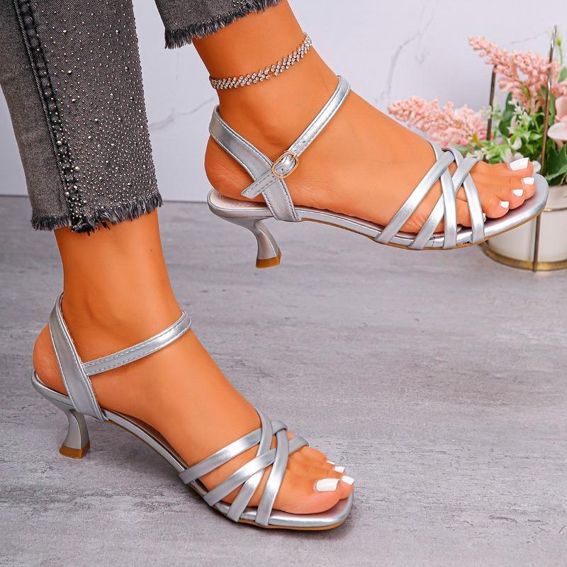 Fashion Temperament One Strap Stiletto Sandals Women's Summer New Square Toe Open Toe Cross Slim Strap Non-slip High Heels