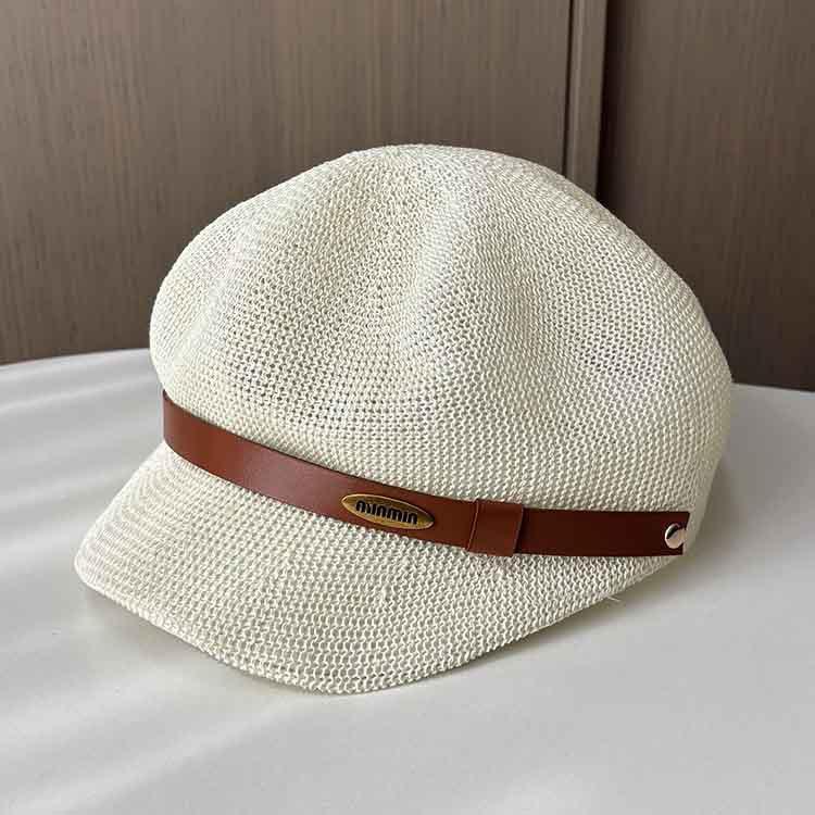 Straw visor children summer breathable mesh literary painter hat beret belt casual cap