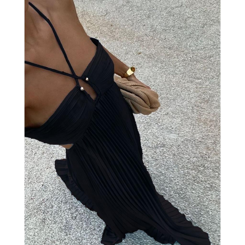 Women's Sweet Sexy Solid Color Pleated Hem Strapless Bustier Midi Dress European American Style