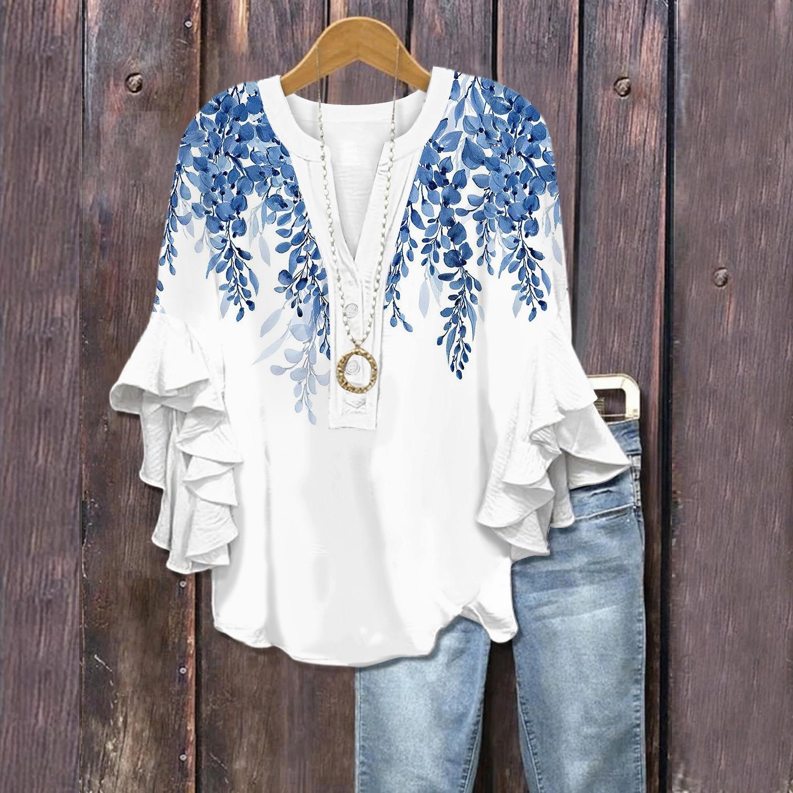 

Літні топи для жінок Милі блузки з V-подібним вирізом та рукавом 3/4 Принтований топ Повсякденні сорочки XL білий