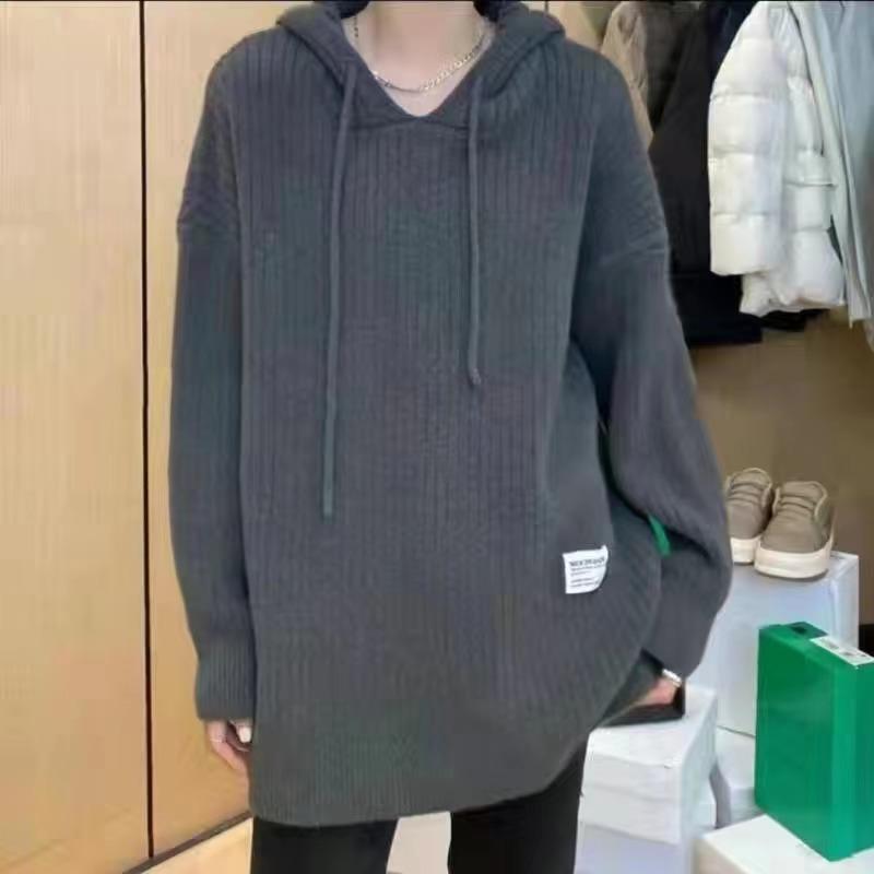 Women's Hooded Sweater Sweatshirt Mid To Long Style Pullover Sweater Knitted Top Autumn and Winter