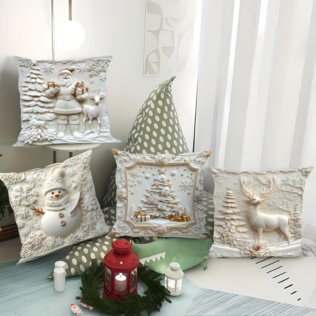 18x18 Inch Christmas Pillow Cases White Embossed Aesthetic Christmas Pillowcase 4 Pieces Christmas Couch Pillow Covers For Sofa