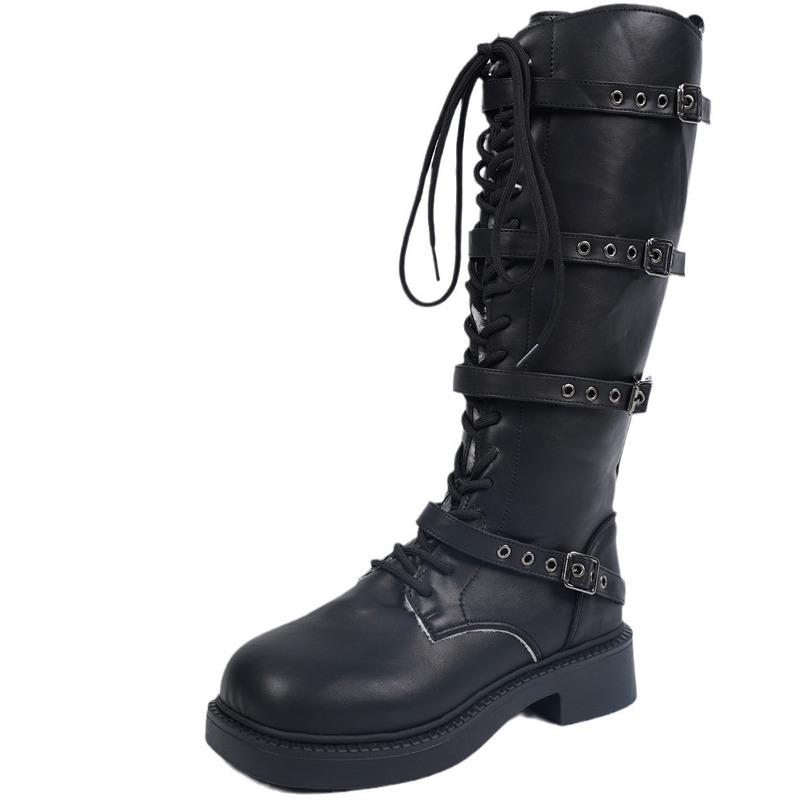 Women's Wide Width Mid-Calf Riding Boots, Metal Buckle Front Lace Up Ankle Boots, Vintage British Style Boots for Women