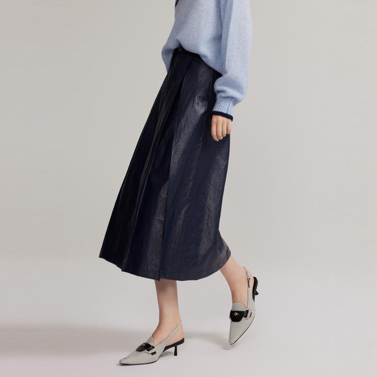 ELLE French Design Pleated Midi Skirt Solid Color Vintage Style Leather Long Skirt Women skirts Dark-Blue ER40050