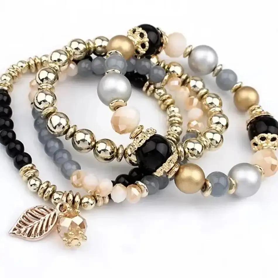 4 Pcs Fashionable And Simple Crystal Bead Pendant With Branches Leaves Versatile Multi-layer Bead Temperament Women's Bracelet