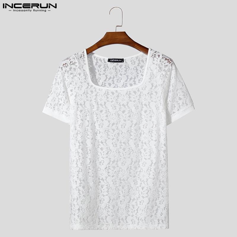 INCERUN Letní pánské tričko s krátkým rukávem a čtvercovým výstřihem, krajkové, květinové, na párty, do klubu, vypasované