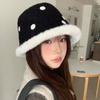 One Size Plush Winter Hat Thick Warm Polka Dot Bucket Hat Faux Lamb Wool Bucket Hat  Outdoor Wear
